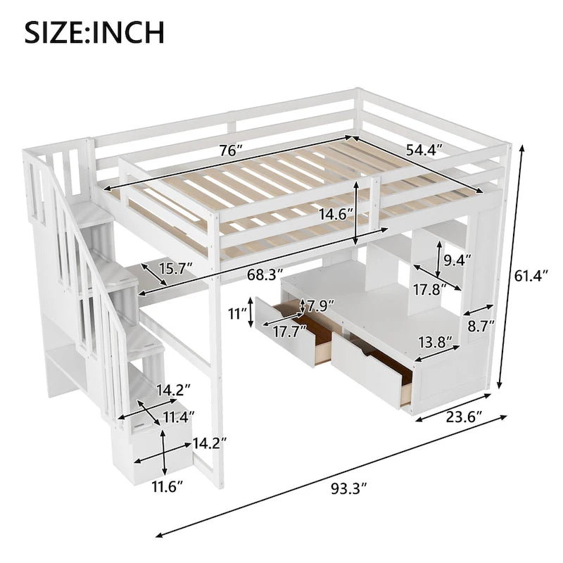 Lit mezzanine pleine grandeur avec bureau et étagères, deux tiroirs intégrés, escalier de rangement