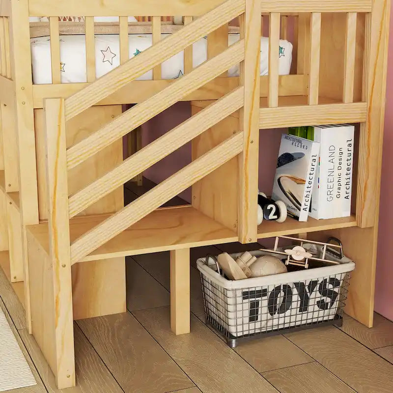 Lit mezzanine double avec LED et étagère, lit mezzanine bas en bois avec escalier