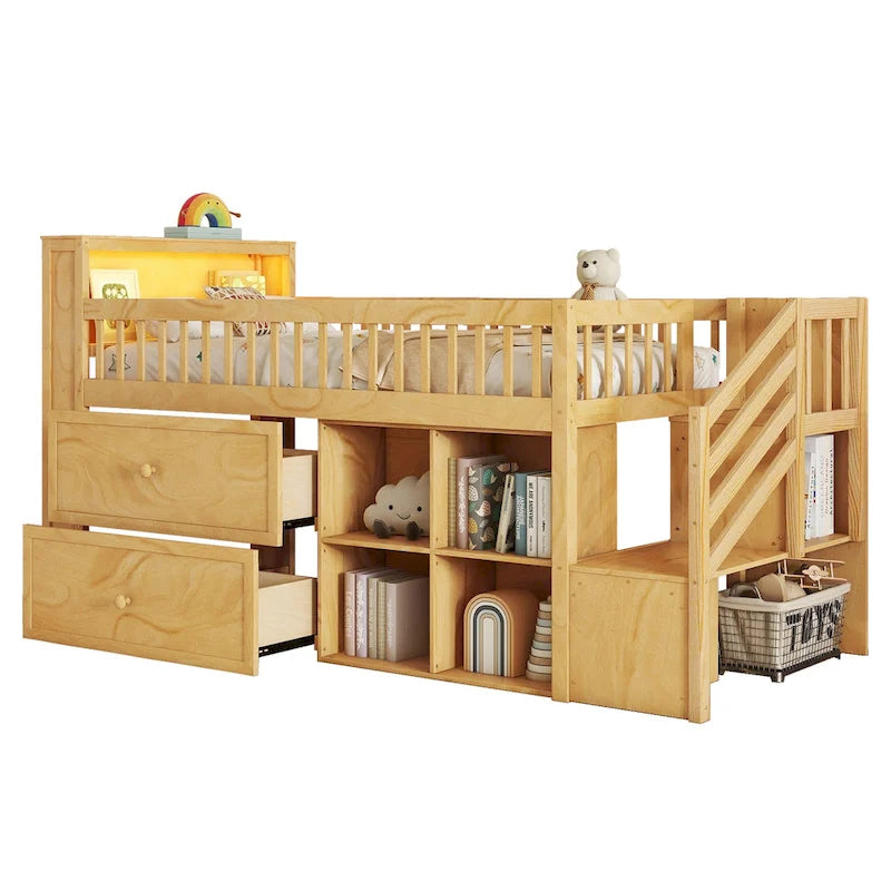 Lit mezzanine double avec LED et étagère, lit mezzanine bas en bois avec escalier
