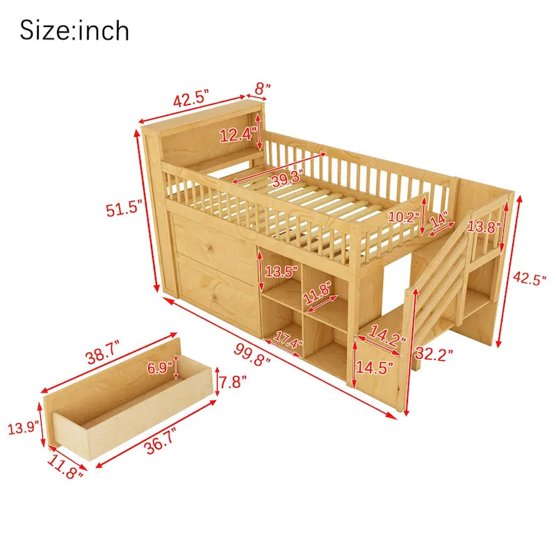 Lit mezzanine double avec LED et étagère, lit mezzanine bas en bois avec escalier