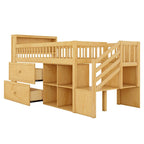 Lit mezzanine double avec LED et étagère, lit mezzanine bas en bois avec escalier