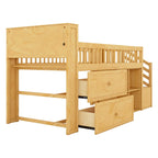 Lit mezzanine double avec LED et étagère, lit mezzanine bas en bois avec escalier