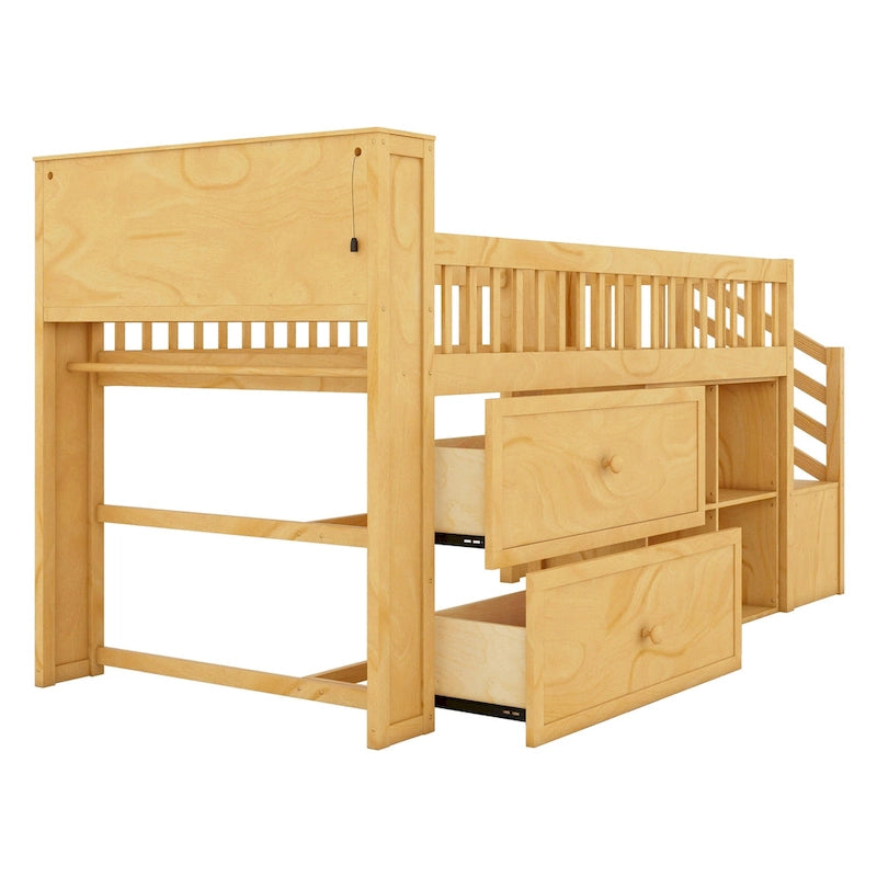 Lit mezzanine double avec LED et étagère, lit mezzanine bas en bois avec escalier