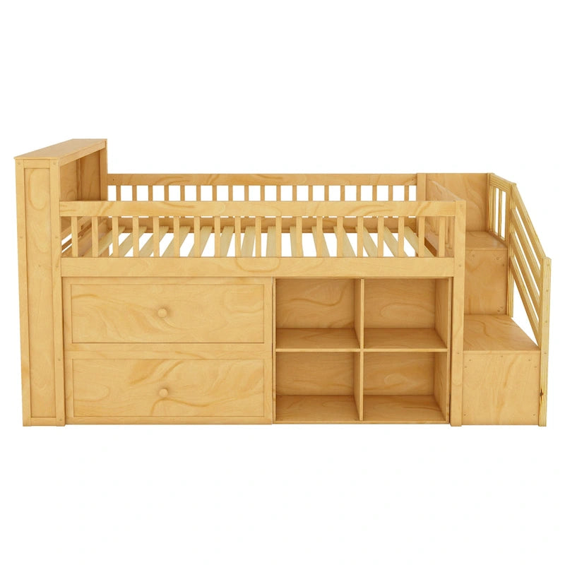 Lit mezzanine double avec LED et étagère, lit mezzanine bas en bois avec escalier