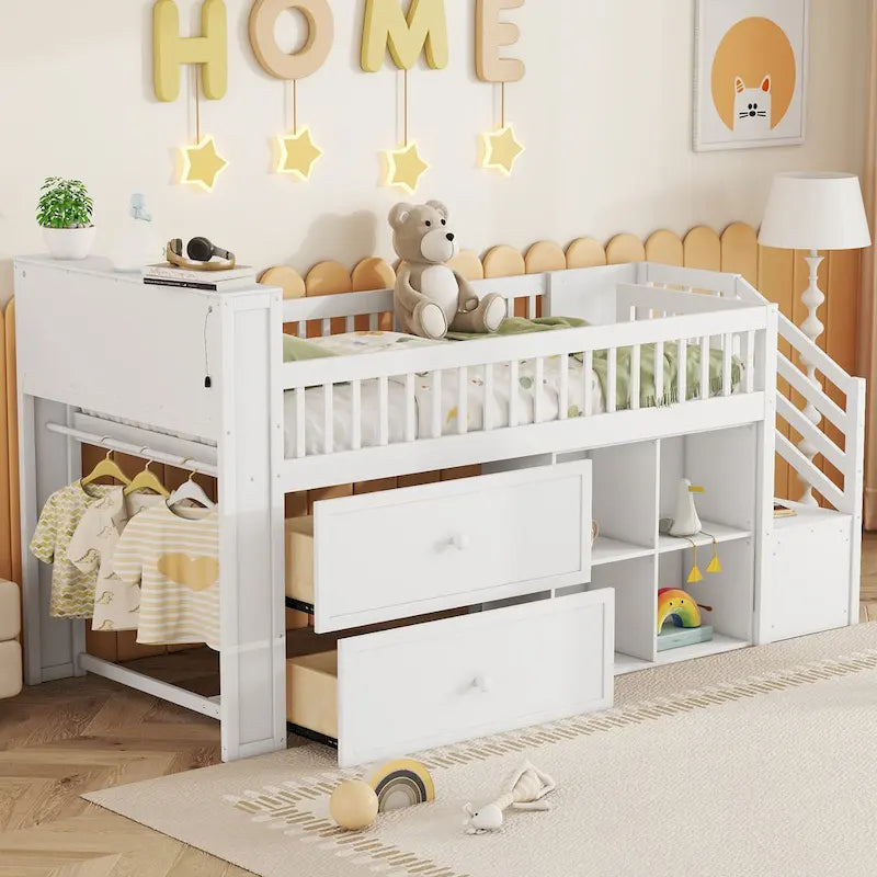 Lit mezzanine double avec LED et étagère, lit mezzanine bas en bois avec escalier