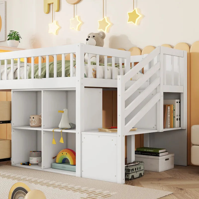 Lit mezzanine double avec LED et étagère, lit mezzanine bas en bois avec escalier