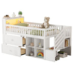 Lit mezzanine double avec LED et étagère, lit mezzanine bas en bois avec escalier