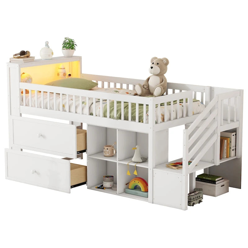 Lit mezzanine double avec LED et étagère, lit mezzanine bas en bois avec escalier