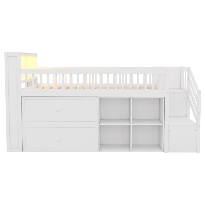 Lit mezzanine double avec LED et étagère, lit mezzanine bas en bois avec escalier