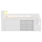 Lit mezzanine double avec LED et étagère, lit mezzanine bas en bois avec escalier
