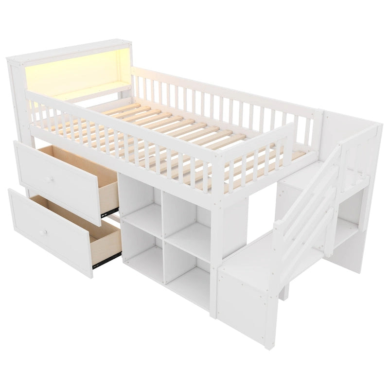 Lit mezzanine double avec LED et étagère, lit mezzanine bas en bois avec escalier