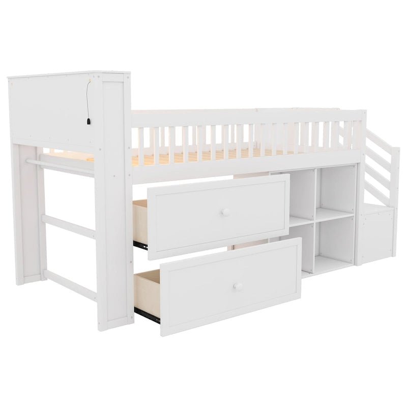 Lit mezzanine double avec LED et étagère, lit mezzanine bas en bois avec escalier