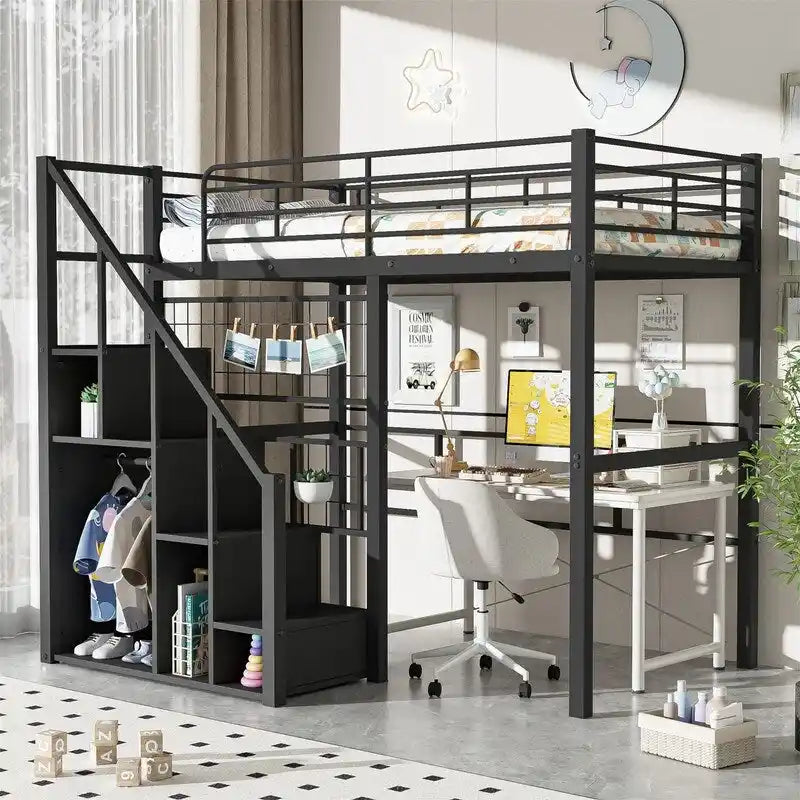 Lit mezzanine en métal avec escalier de rangement et petite armoire, lit mezzanine double avec sommier métallique et garde-corps pour enfants