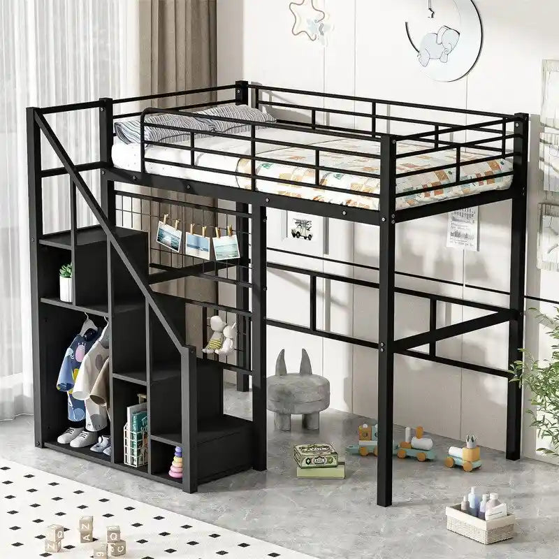 Lit mezzanine en métal avec escalier de rangement et petite armoire, lit mezzanine double avec sommier métallique et garde-corps pour enfants
