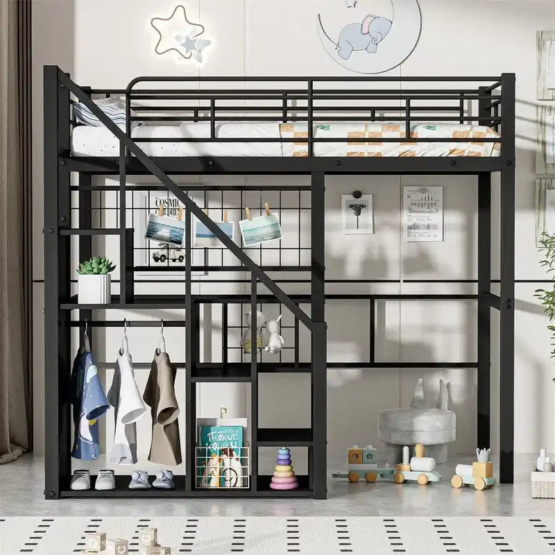 Lit mezzanine en métal avec escalier de rangement et petite armoire, lit mezzanine double avec sommier métallique et garde-corps pour enfants
