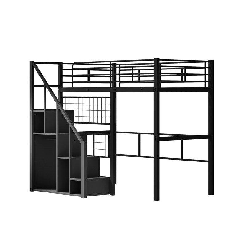 Lit mezzanine en métal avec escalier de rangement et petite armoire, lit mezzanine double avec sommier métallique et garde-corps pour enfants