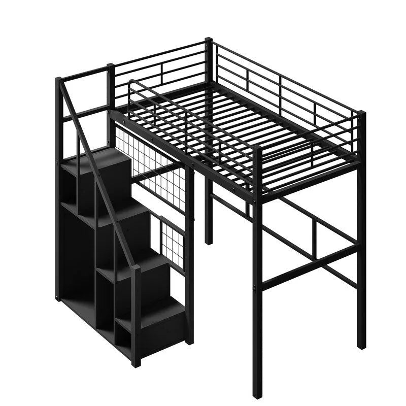 Lit mezzanine en métal avec escalier de rangement et petite armoire, lit mezzanine double avec sommier métallique et garde-corps pour enfants