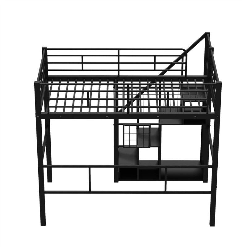 Lit mezzanine en métal avec escalier de rangement et petite armoire, lit mezzanine double avec sommier métallique et garde-corps pour enfants