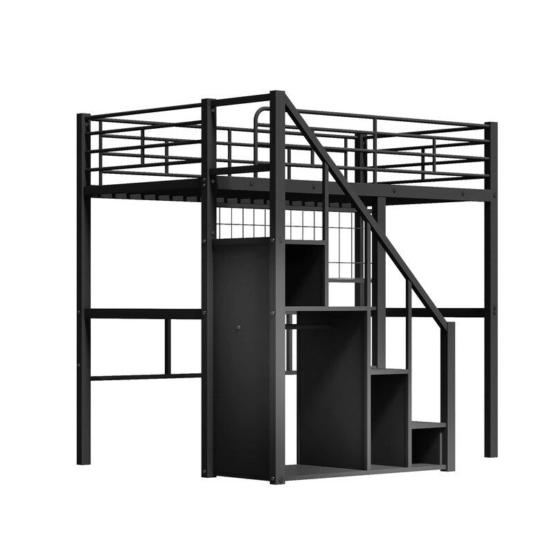 Lit mezzanine en métal avec escalier de rangement et petite armoire, lit mezzanine double avec sommier métallique et garde-corps pour enfants