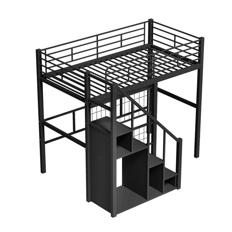 Lit mezzanine en métal avec escalier de rangement et petite armoire, lit mezzanine double avec sommier métallique et garde-corps pour enfants