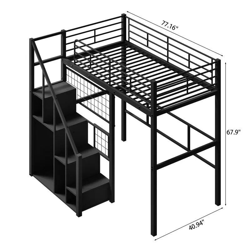 Lit mezzanine en métal avec escalier de rangement et petite armoire, lit mezzanine double avec sommier métallique et garde-corps pour enfants