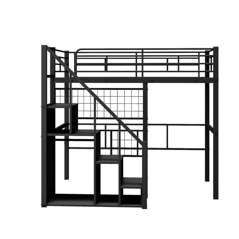 Lit mezzanine en métal avec escalier de rangement et petite armoire, lit mezzanine double avec sommier métallique et garde-corps pour enfants