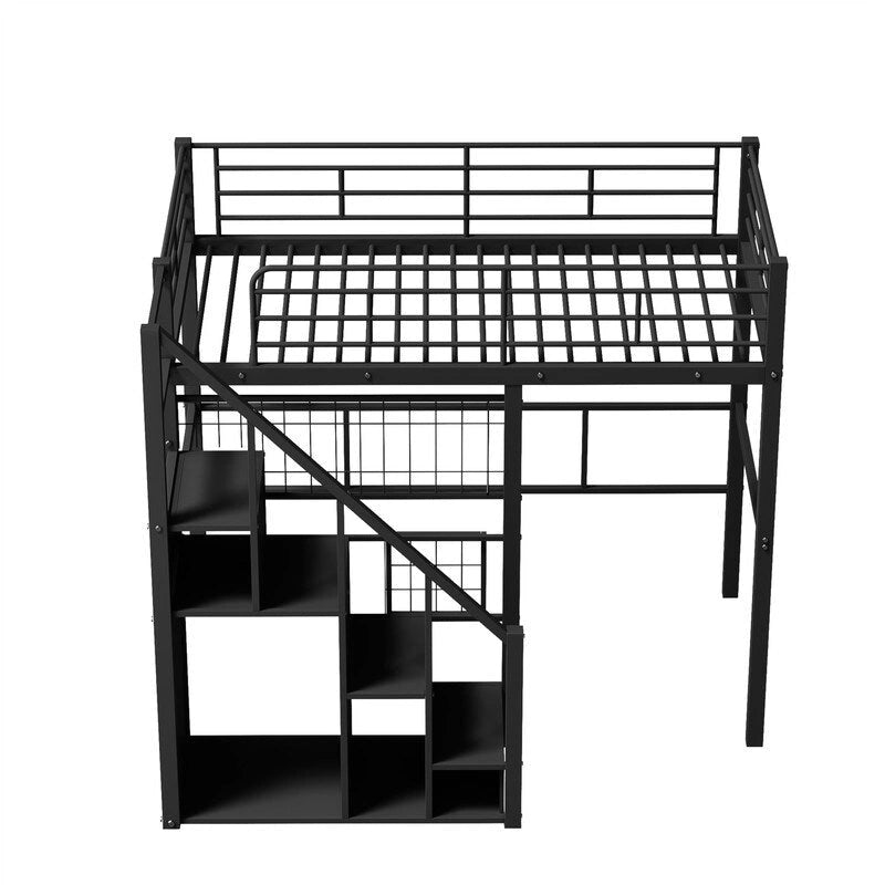 Lit mezzanine en métal avec escalier de rangement et petite armoire, lit mezzanine double avec sommier métallique et garde-corps pour enfants