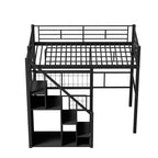 Lit mezzanine en métal avec escalier de rangement et petite armoire, lit mezzanine double avec sommier métallique et garde-corps pour enfants
