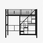 Lit mezzanine en métal avec escalier de rangement et petite armoire, lit mezzanine double avec sommier métallique et garde-corps pour enfants