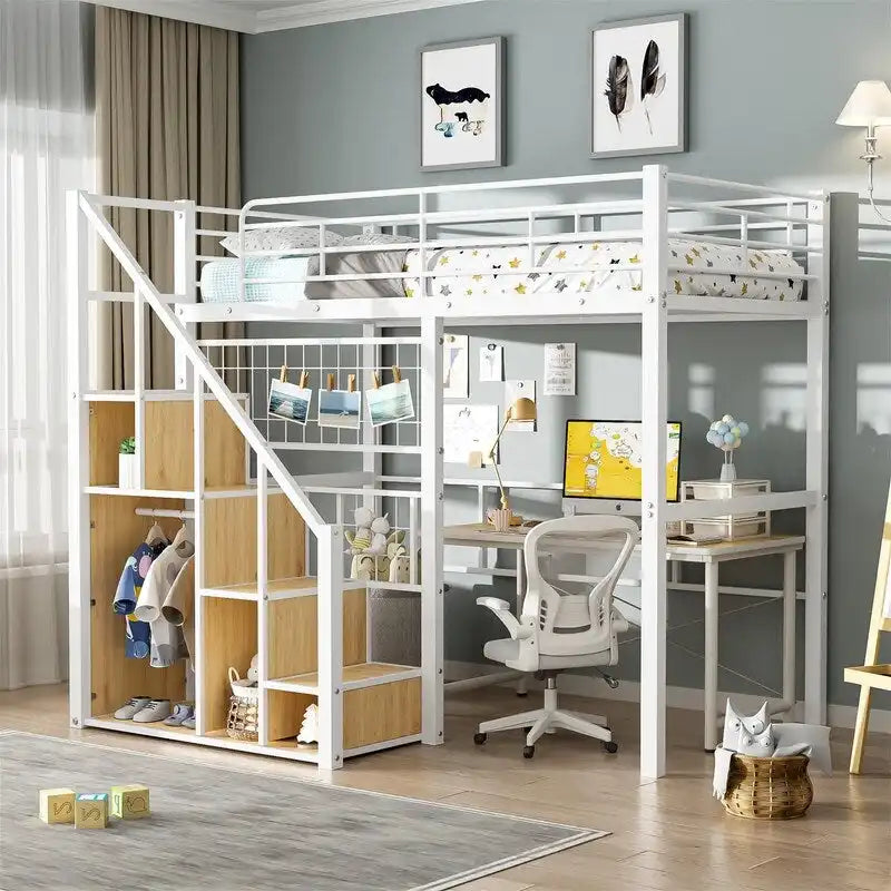 Lit mezzanine en métal avec escalier de rangement et petite armoire, lit mezzanine double avec sommier métallique et garde-corps pour enfants