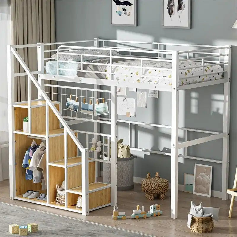 Lit mezzanine en métal avec escalier de rangement et petite armoire, lit mezzanine double avec sommier métallique et garde-corps pour enfants