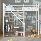 Lit mezzanine en métal avec escalier de rangement et petite armoire, lit mezzanine double avec sommier métallique et garde-corps pour enfants