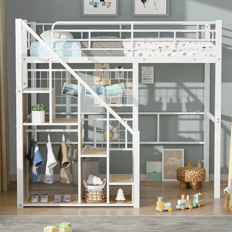 Lit mezzanine en métal avec escalier de rangement et petite armoire, lit mezzanine double avec sommier métallique et garde-corps pour enfants