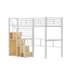 Lit mezzanine en métal avec escalier de rangement et petite armoire, lit mezzanine double avec sommier métallique et garde-corps pour enfants