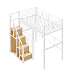 Lit mezzanine en métal avec escalier de rangement et petite armoire, lit mezzanine double avec sommier métallique et garde-corps pour enfants