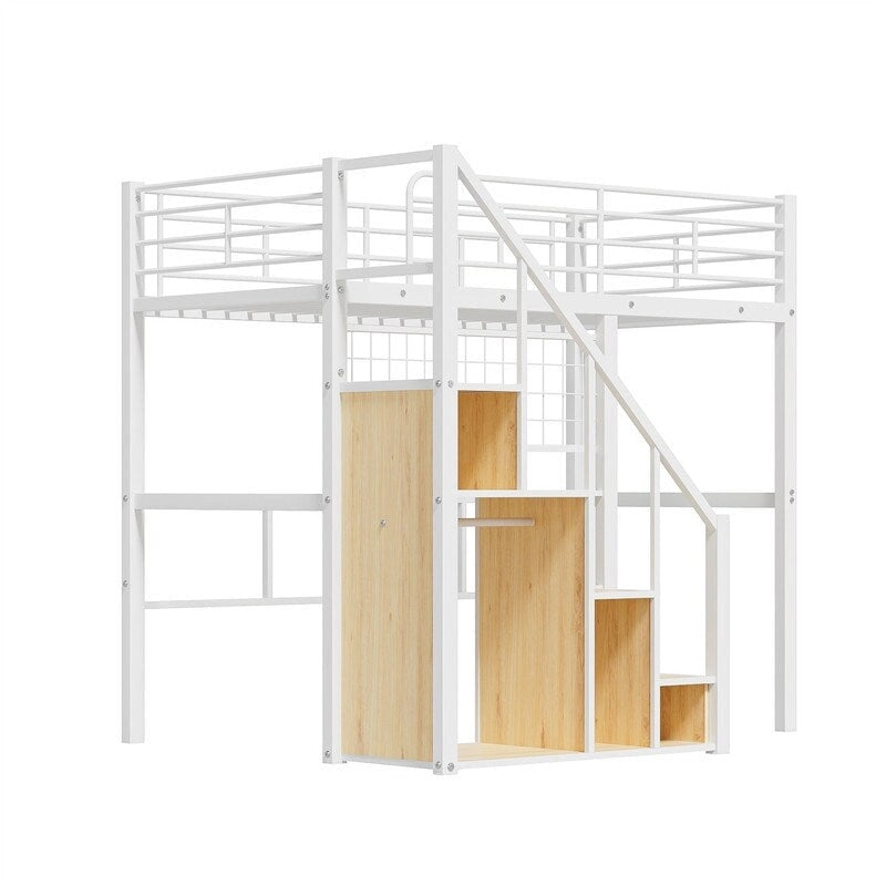 Lit mezzanine en métal avec escalier de rangement et petite armoire, lit mezzanine double avec sommier métallique et garde-corps pour enfants