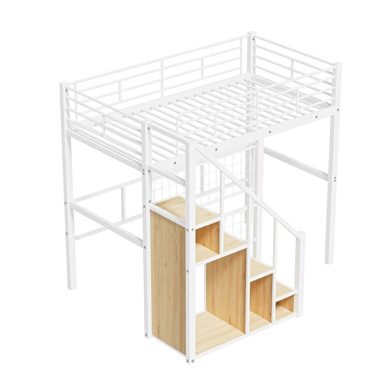 Lit mezzanine en métal avec escalier de rangement et petite armoire, lit mezzanine double avec sommier métallique et garde-corps pour enfants