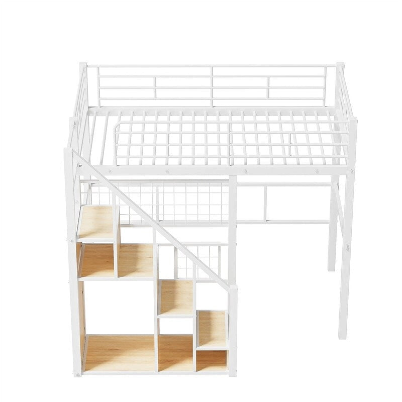 Lit mezzanine en métal avec escalier de rangement et petite armoire, lit mezzanine double avec sommier métallique et garde-corps pour enfants