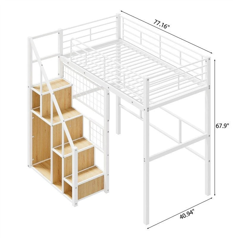 Lit mezzanine en métal avec escalier de rangement et petite armoire, lit mezzanine double avec sommier métallique et garde-corps pour enfants