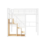 Lit mezzanine en métal avec escalier de rangement et petite armoire, lit mezzanine double avec sommier métallique et garde-corps pour enfants