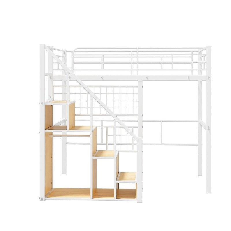 Lit mezzanine en métal avec escalier de rangement et petite armoire, lit mezzanine double avec sommier métallique et garde-corps pour enfants