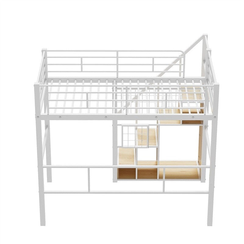 Lit mezzanine en métal avec escalier de rangement et petite armoire, lit mezzanine double avec sommier métallique et garde-corps pour enfants