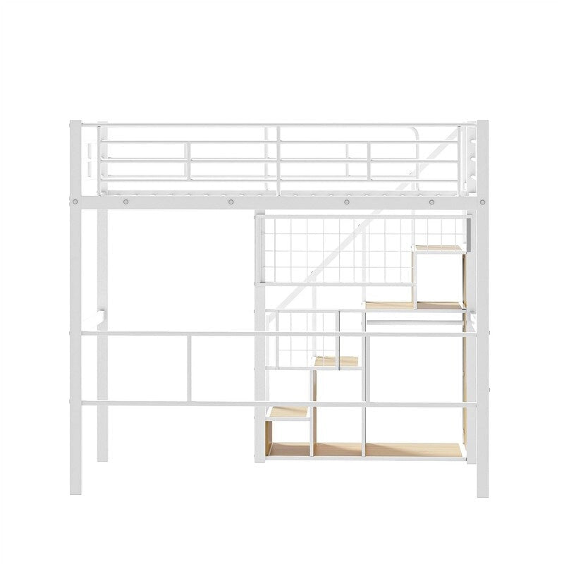 Lit mezzanine en métal avec escalier de rangement et petite armoire, lit mezzanine double avec sommier métallique et garde-corps pour enfants