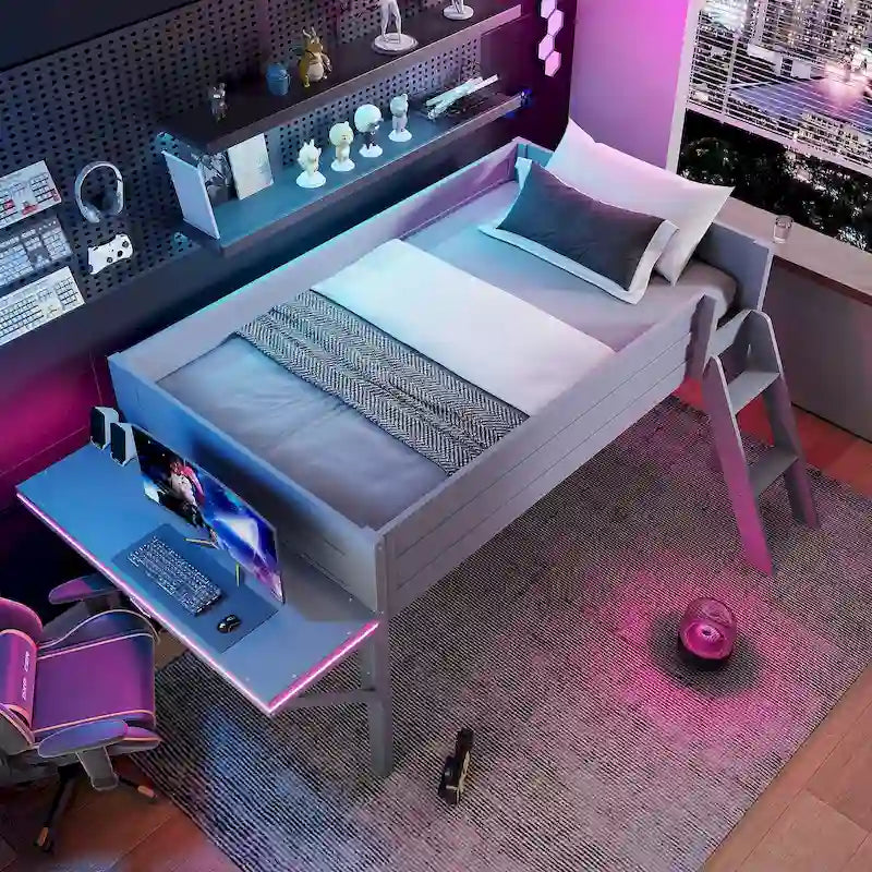 Lit mezzanine de jeu Twin Wood avec bureau à LED