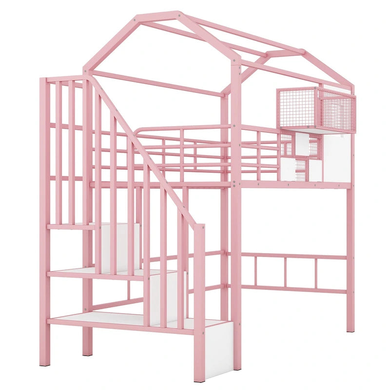 Twin Size Metal Loft Bed w/Roof Design, House Shaped Stairway Bedframe