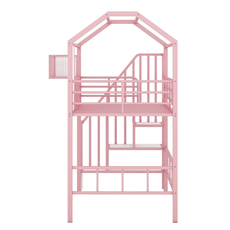 Lit mezzanine en métal une place avec toit, cadre de lit en forme de maison avec escalier