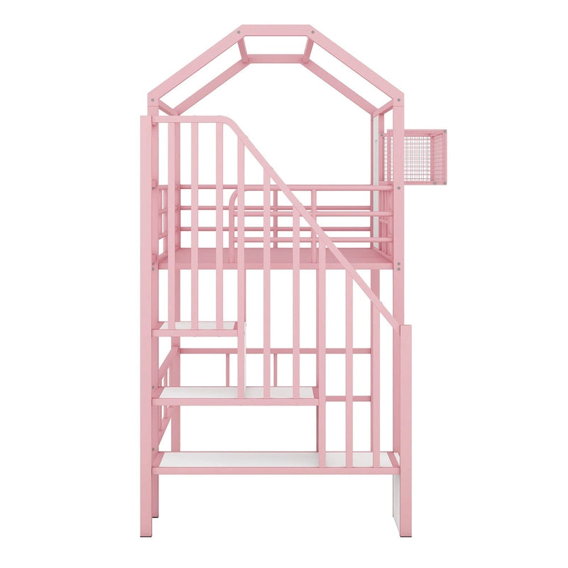 Lit mezzanine en métal une place avec toit, cadre de lit en forme de maison avec escalier