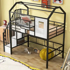 Lit mezzanine en métal une place avec toit, cadre de lit en forme de maison avec escalier