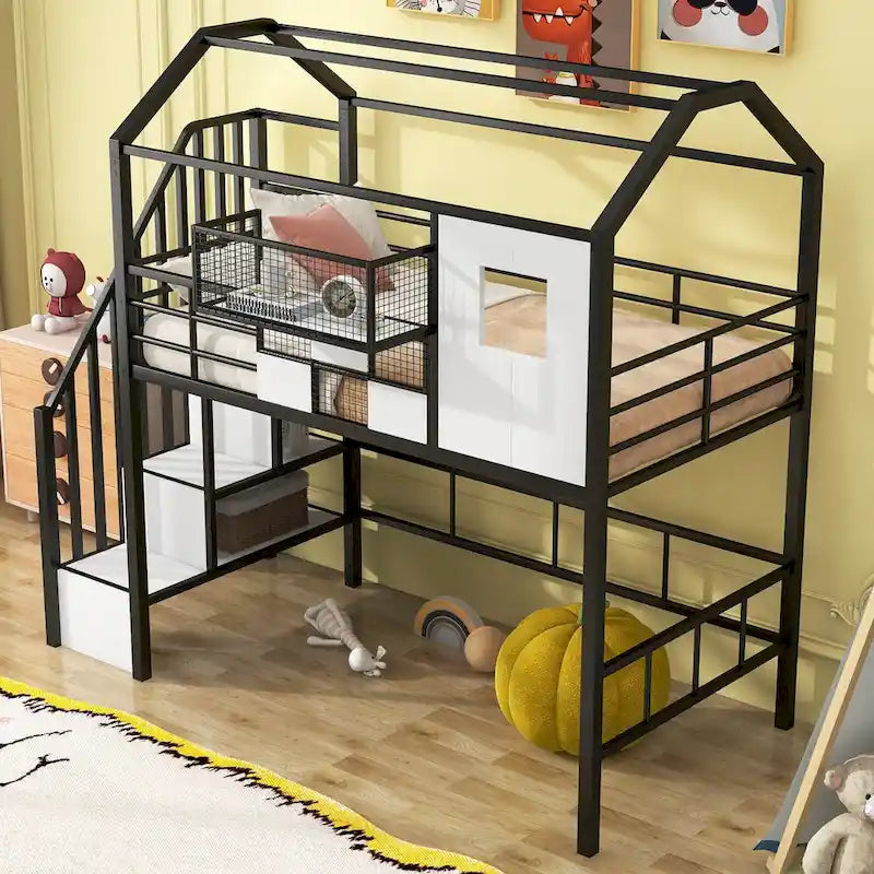 Lit mezzanine en métal une place avec toit, cadre de lit en forme de maison avec escalier