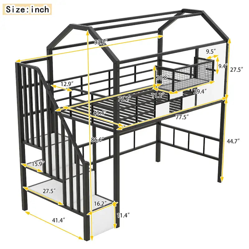 Lit mezzanine en métal une place avec toit, cadre de lit en forme de maison avec escalier